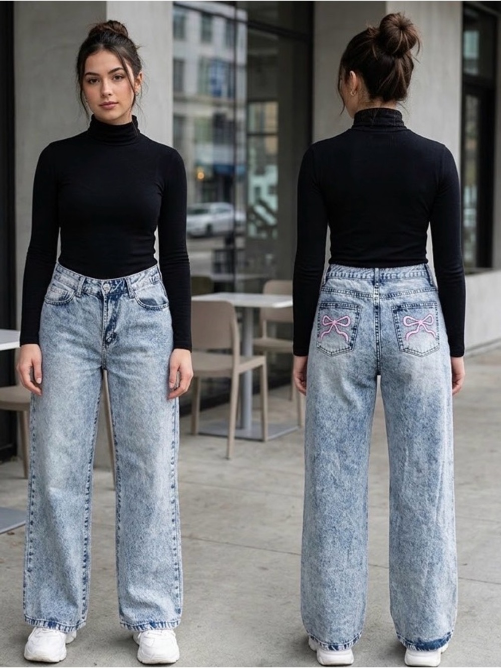 Telepatía High-Rise Acid Wash Wide Leg Jeans with Pink Bow Back Embroidery